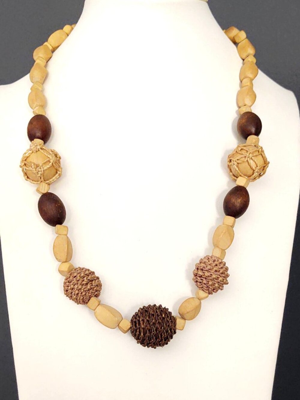 Chunky wooden beaded necklace with macrame accents